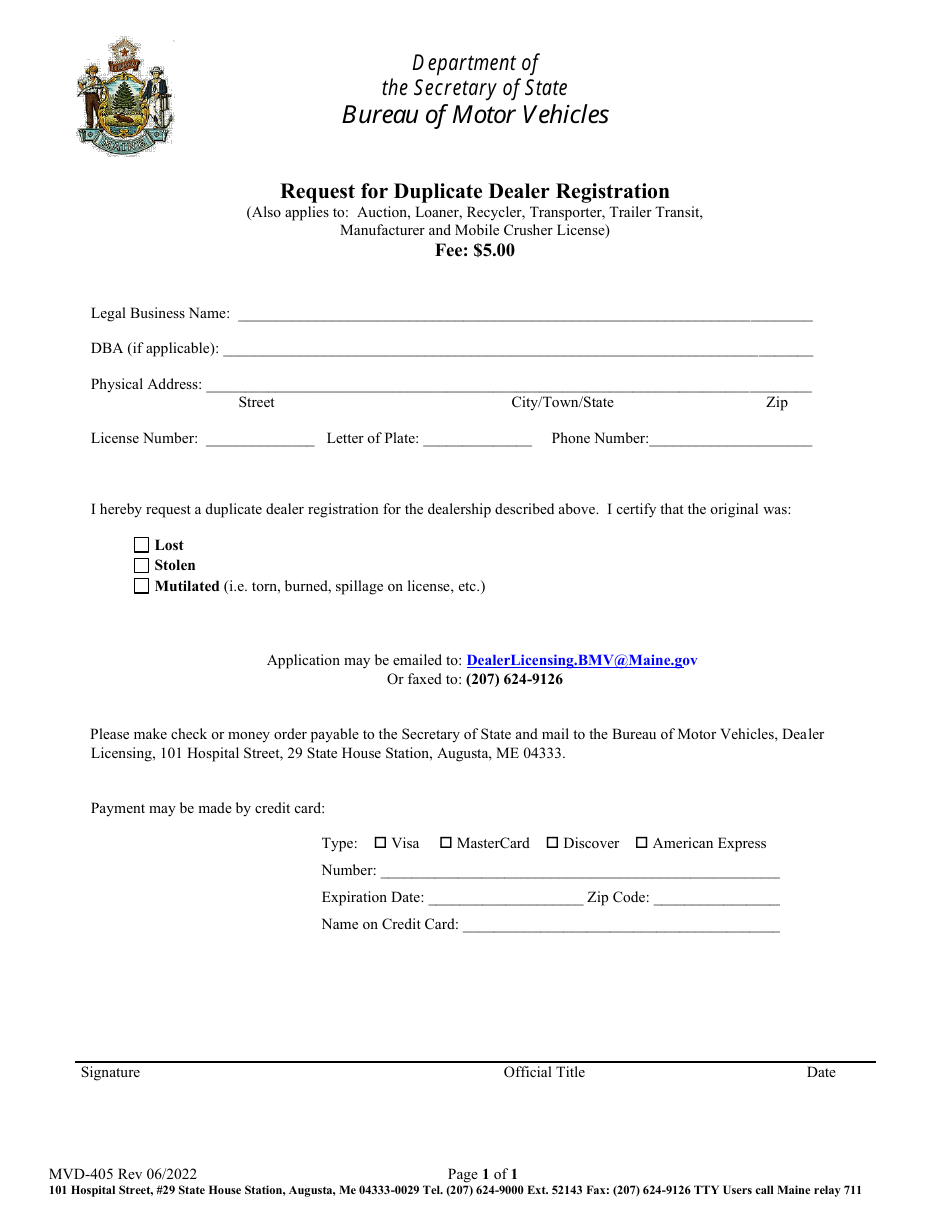Form MVD405 Download Fillable PDF or Fill Online Request for Duplicate