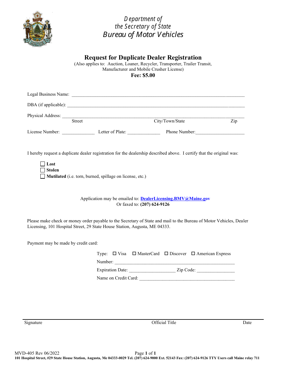 Form MVD-405 Request for Duplicate Dealer Registration - Maine, Page 1