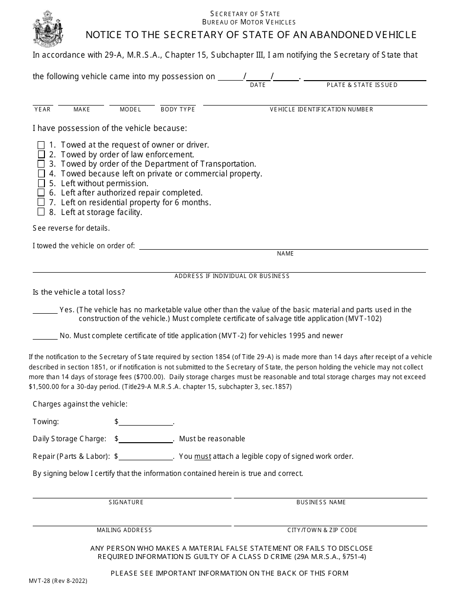 Form MVT-28 Download Fillable PDF or Fill Online Notice to the ...