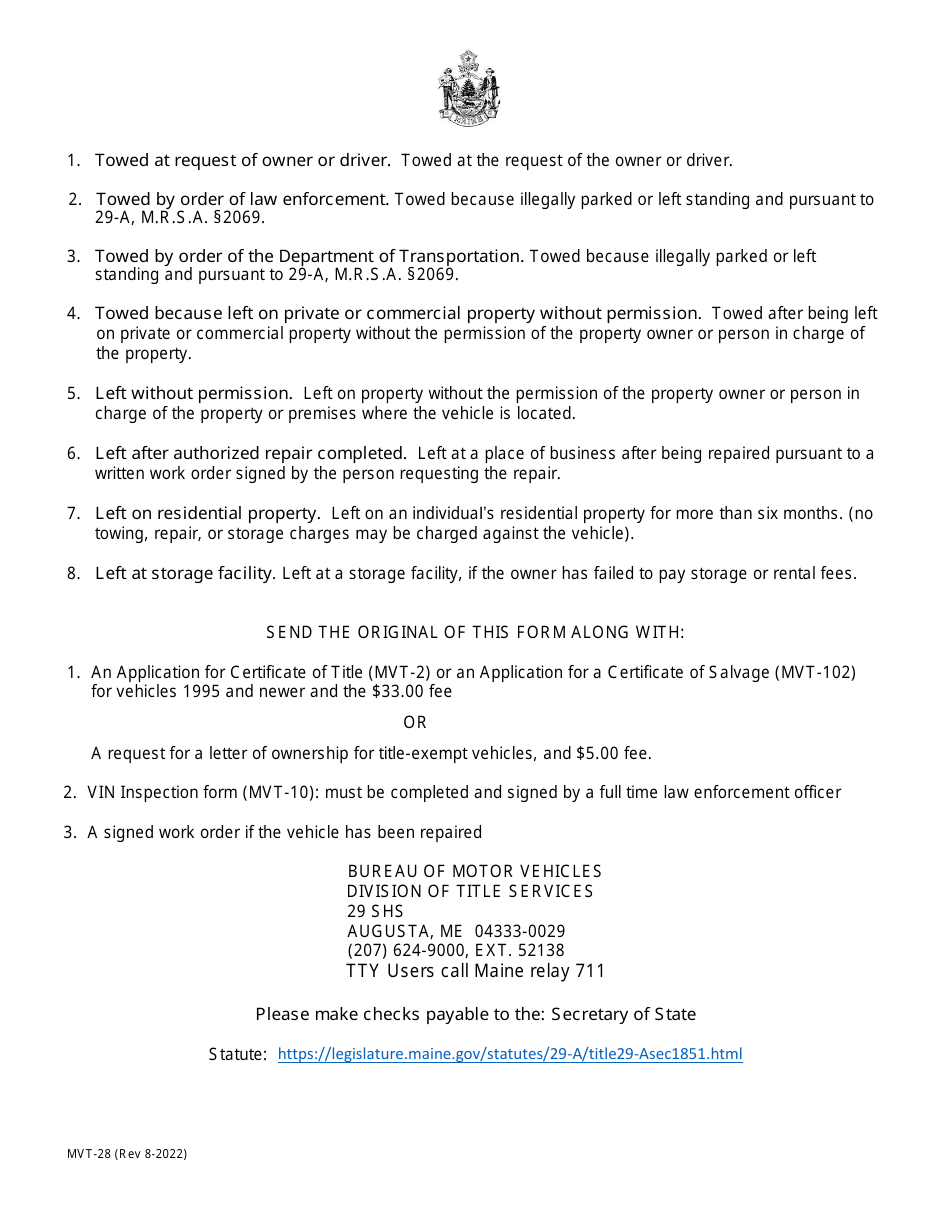 Form MVT-28 Notice to the Secretary of State of an Abandoned Vehicle - Maine, Page 2