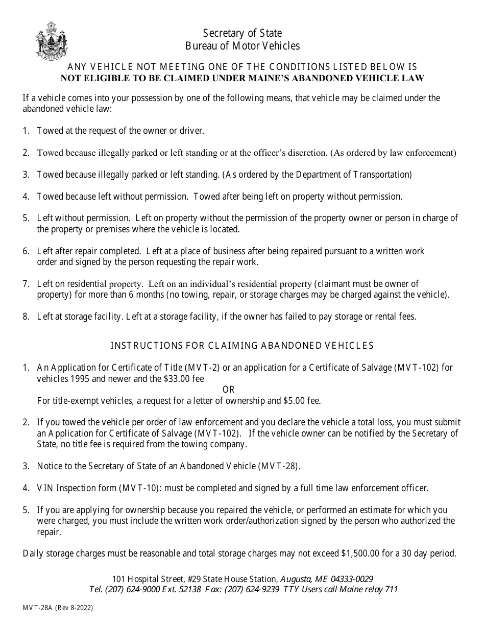 Instructions for Form MVT-28 Notice to the Secretary of State of an Abandoned Vehicle - Maine, Page 1