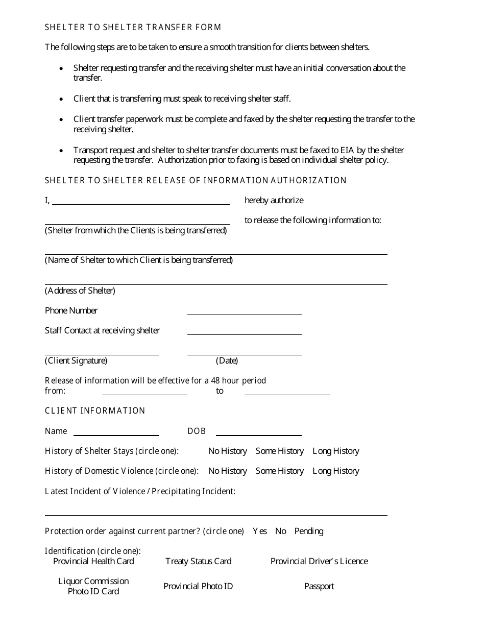 Shelter to Shelter Transfer Form - Manitoba, Canada, Page 1
