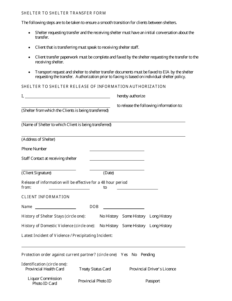 Manitoba Canada Shelter to Shelter Transfer Form - Fill Out, Sign ...