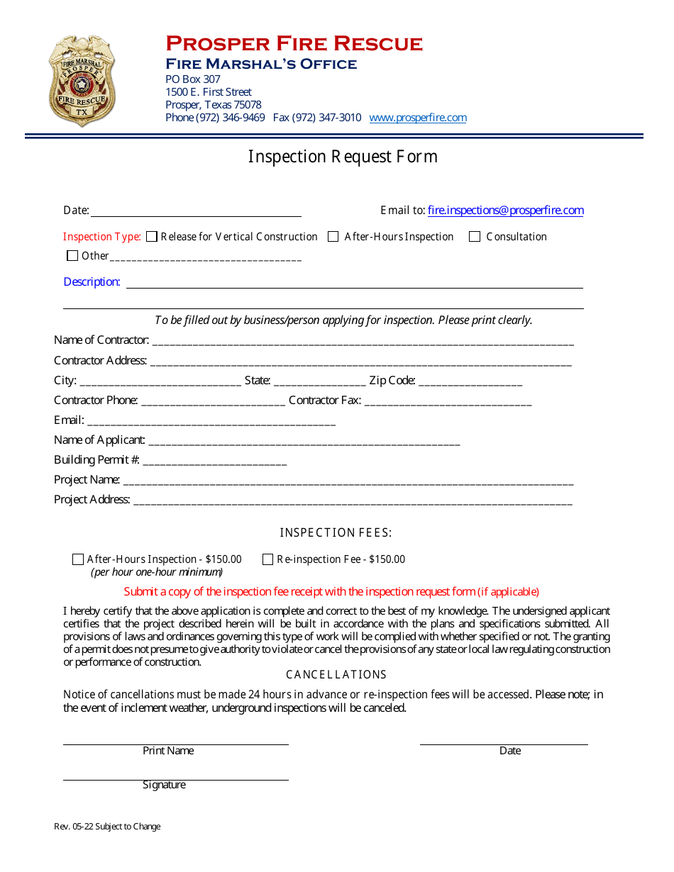 Inspection Request Form - Texas, Page 1