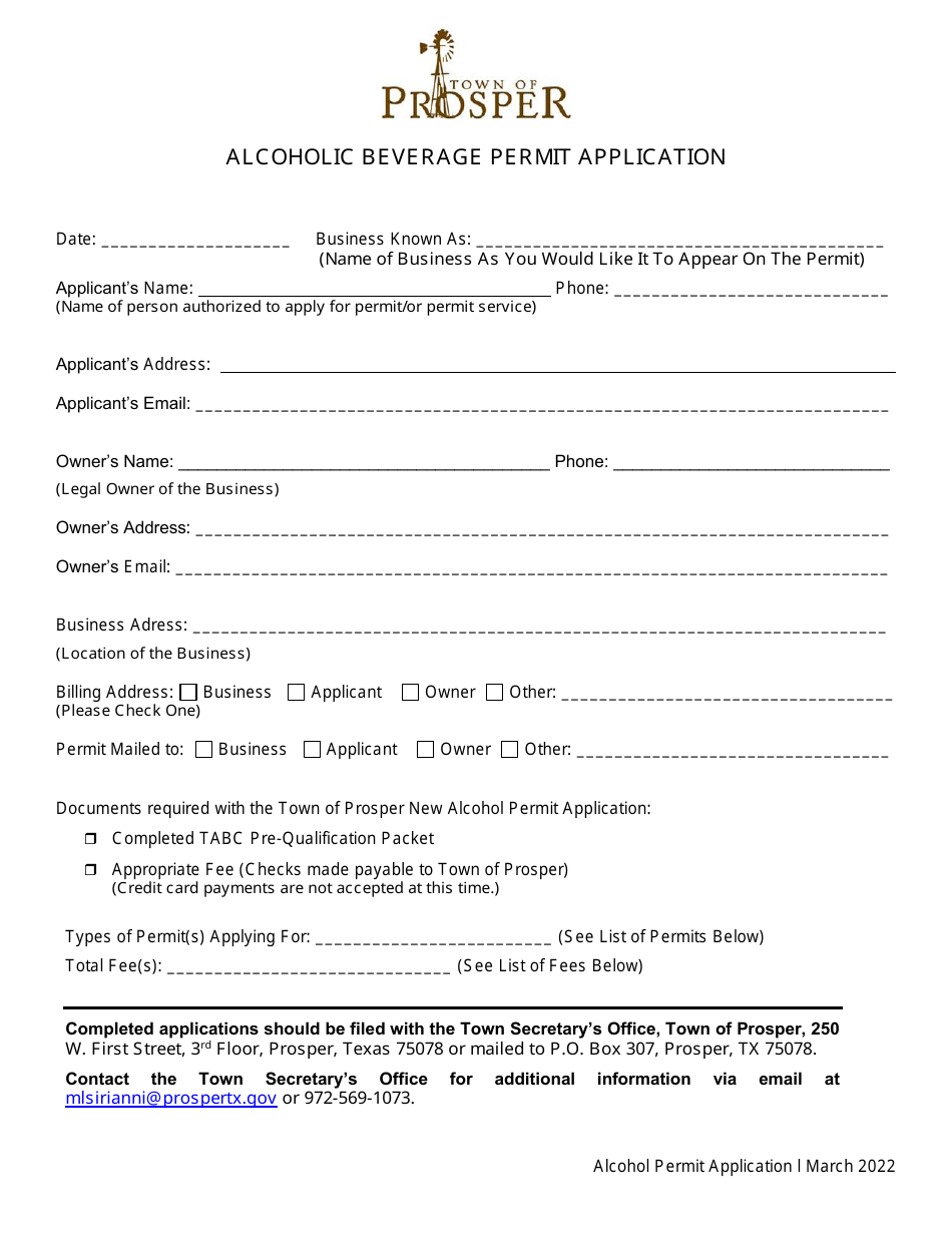 Town of Prosper, Texas Alcoholic Beverage Permit Application Fill Out