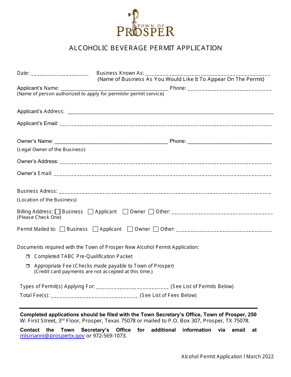 Alcoholic Beverage Permit Application - Town of Prosper, Texas, Page 1
