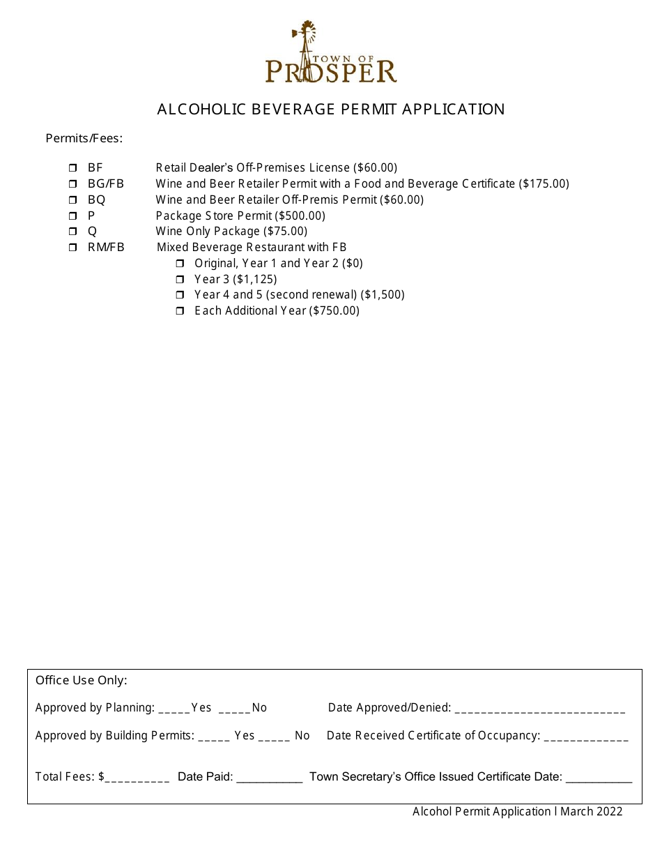 Alcoholic Beverage Permit Application - Town of Prosper, Texas, Page 2