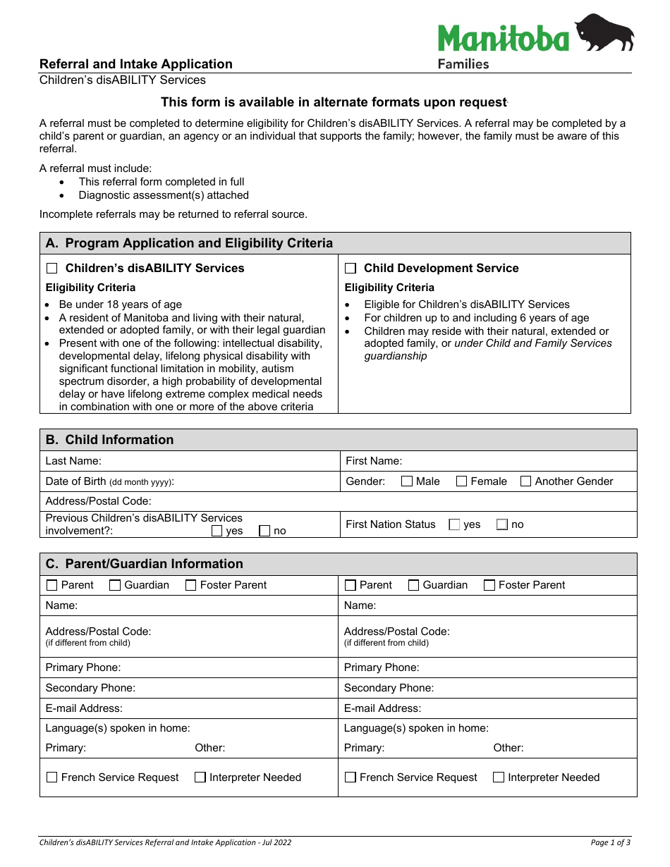 Referral and Intake Application - Manitoba, Canada, Page 1