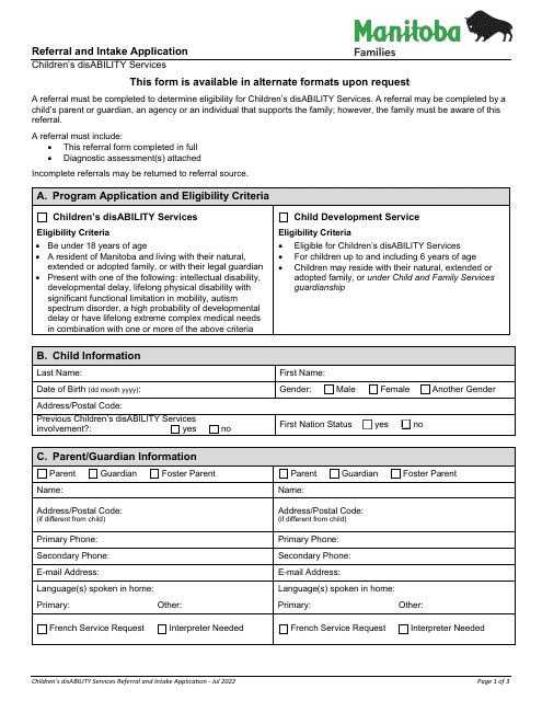 Referral and Intake Application - Manitoba, Canada