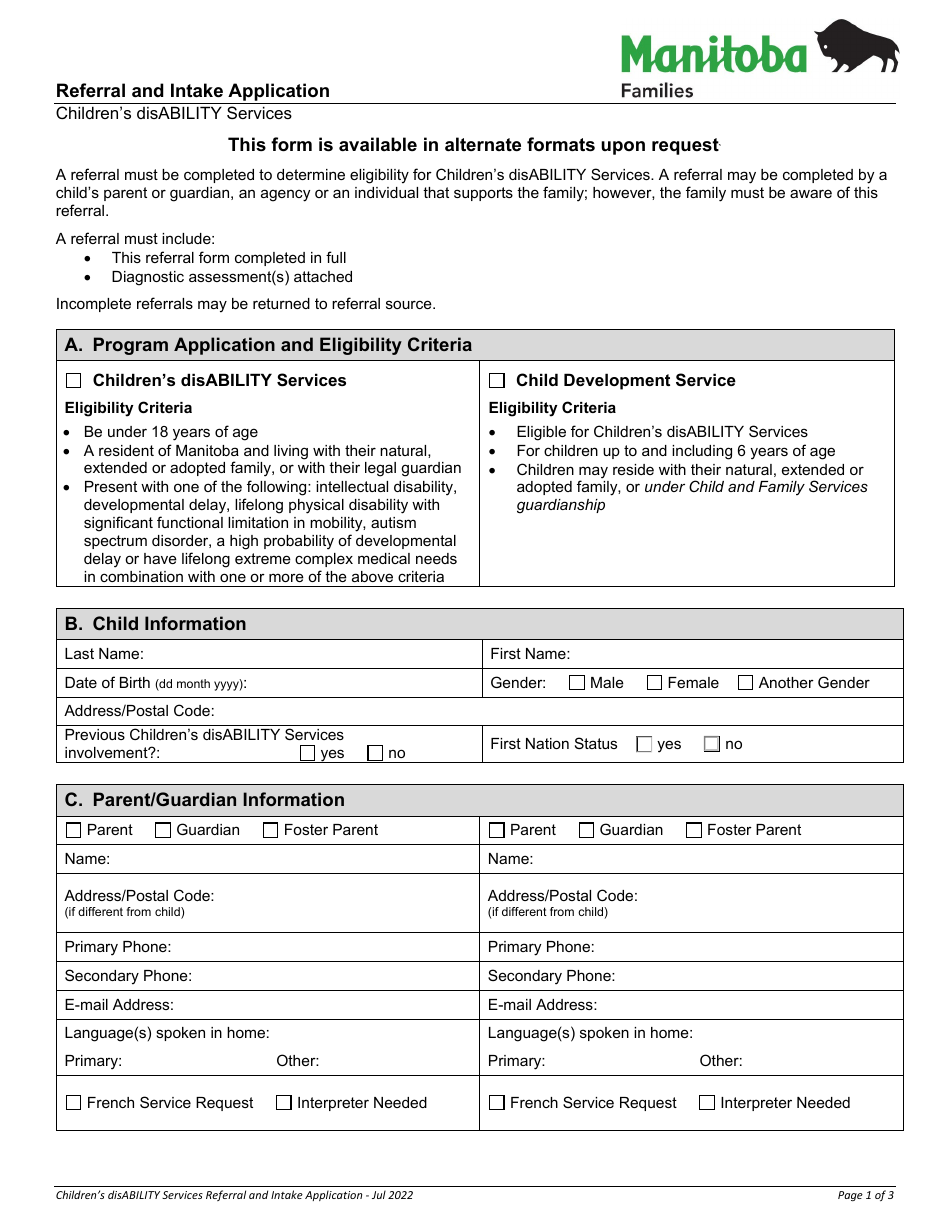 Manitoba Canada Referral and Intake Application Fill Out, Sign Online