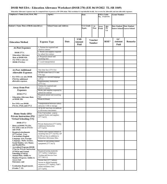 GSA Form DSSR960EDA Education Allowance Worksheet