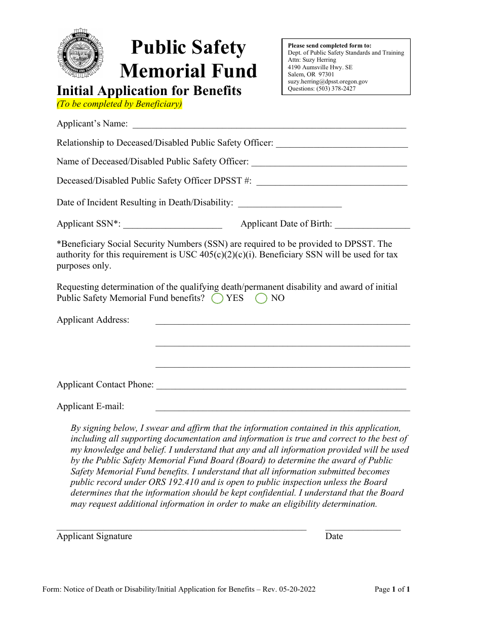 Initial Application for Benefits - Oregon, Page 1