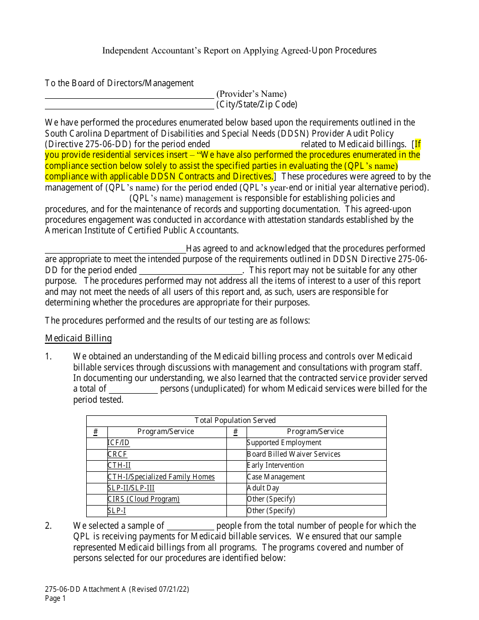 Form 275-06-DD Attachment A Independent Accountant's Report on Applying Agreed-Upon Procedures - South Carolina, Page 1