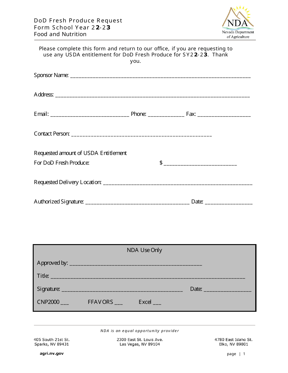 DoD Fresh Produce Request Form - Food and Nutrition - Nevada, Page 1