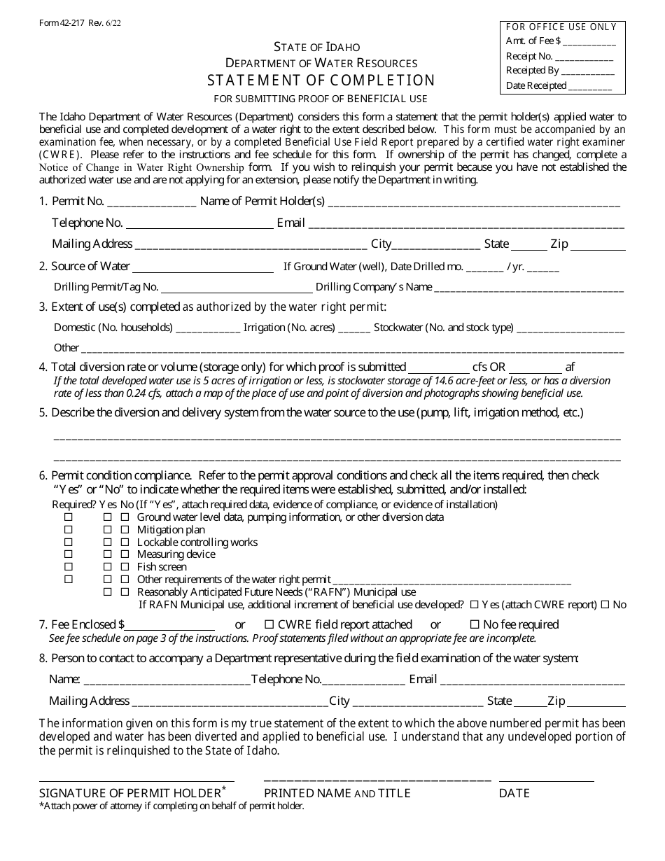 Form 42-217 Statement of Completion for Submitting Proof of Beneficial Use - Idaho, Page 1