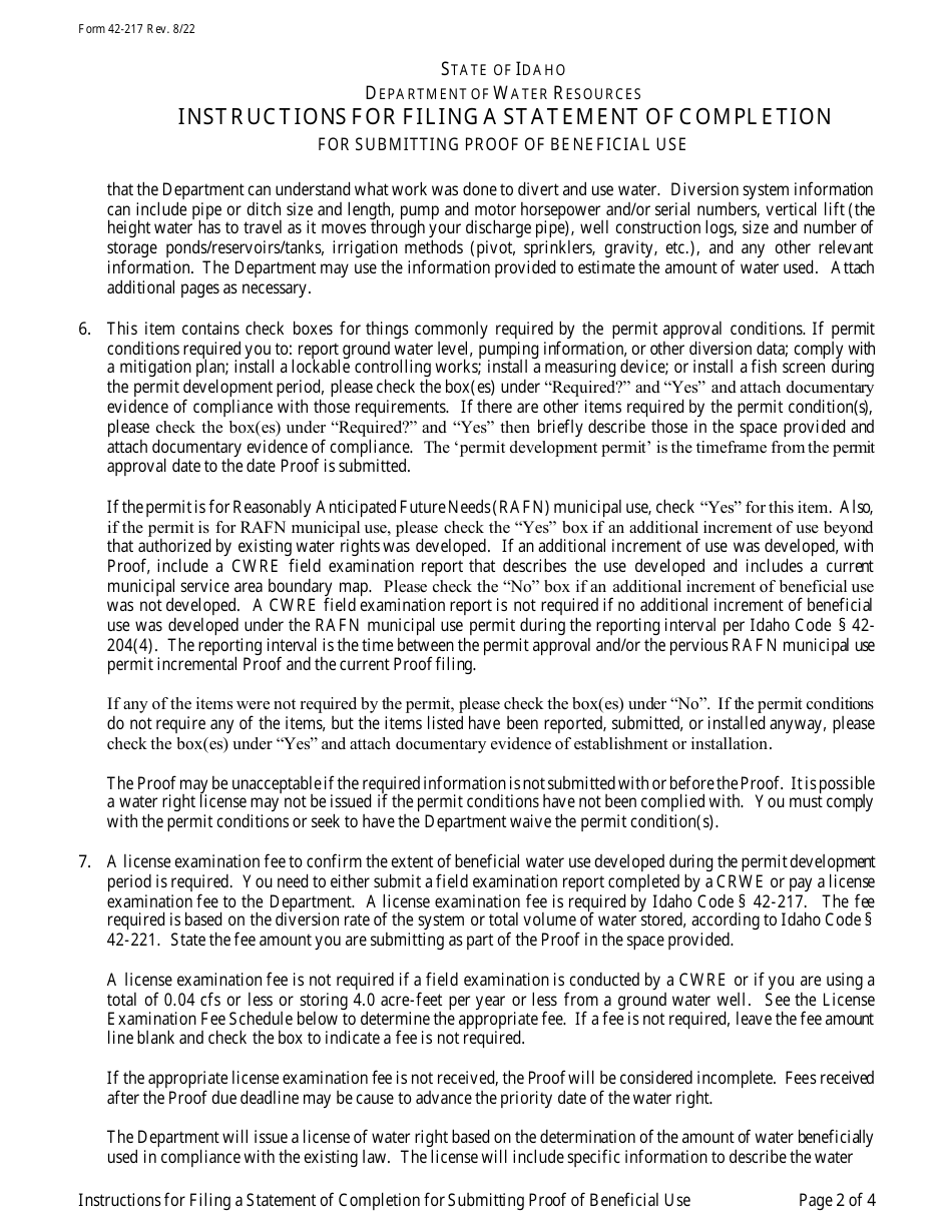 Instructions for Form 42-217 Statement of Completion for Submitting Proof of Beneficial Use - Idaho, Page 2