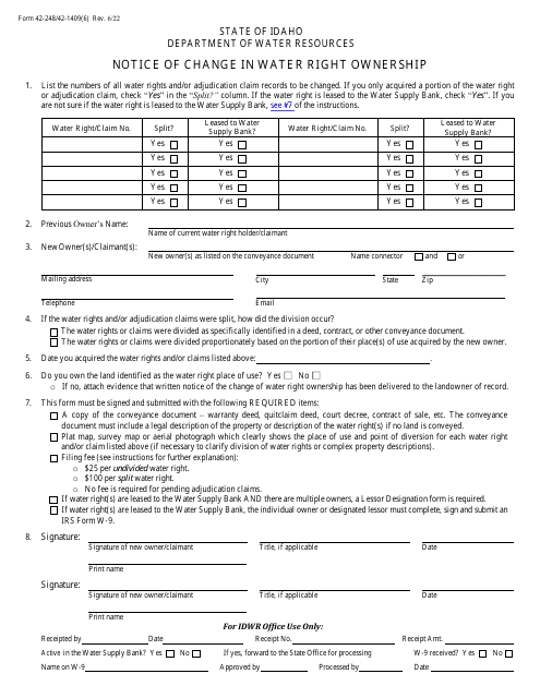 Form 42-248/42-1409(6) Notice of Change in Water Right Ownership - Idaho