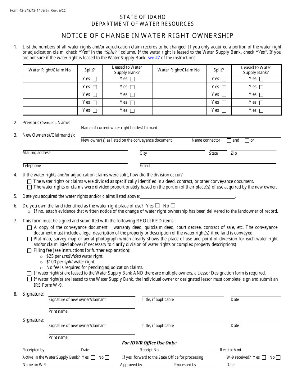 Form 42-248 / 42-1409(6) Notice of Change in Water Right Ownership - Idaho, Page 1