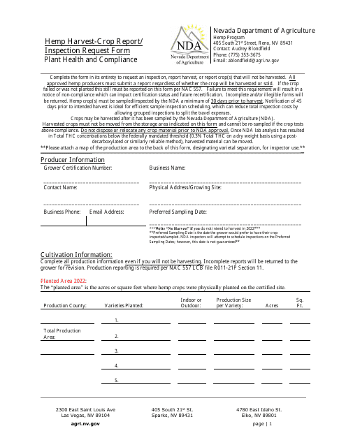 Hemp Harvest-Crop Report / Inspection Request Form - Nevada Download Pdf
