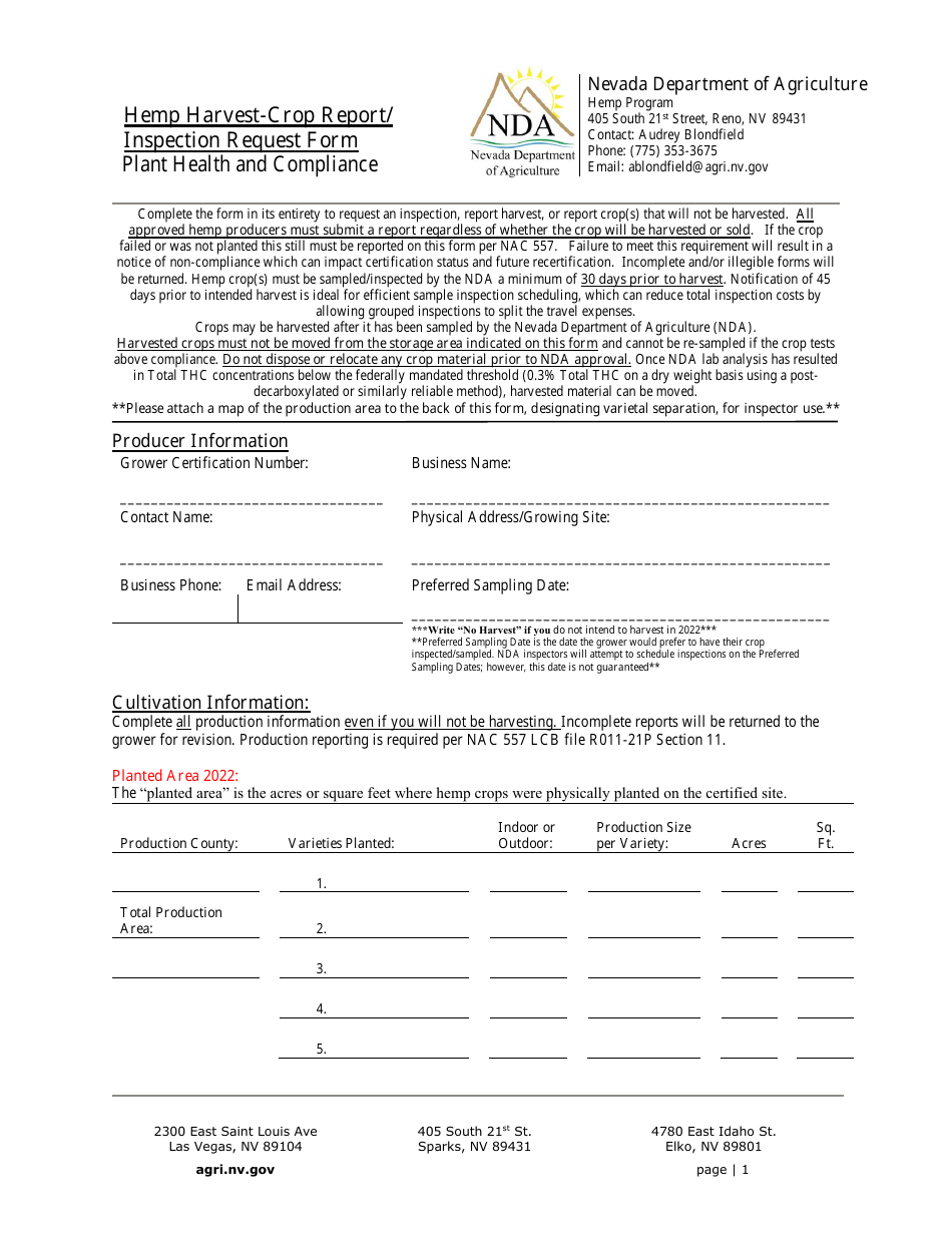 Hemp Harvest-Crop Report / Inspection Request Form - Nevada, Page 1