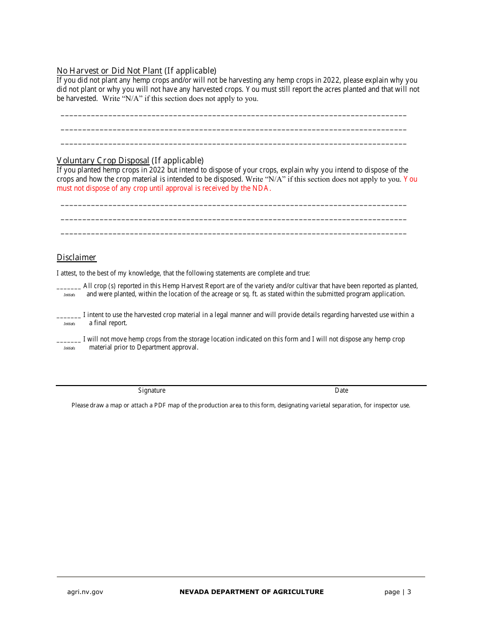 Hemp Harvest-Crop Report / Inspection Request Form - Nevada, Page 3