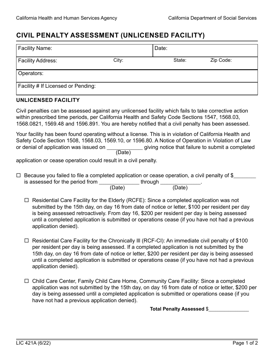 Form LIC421A Civil Penalty Assessment (Unlicensed Facility) - California, Page 1