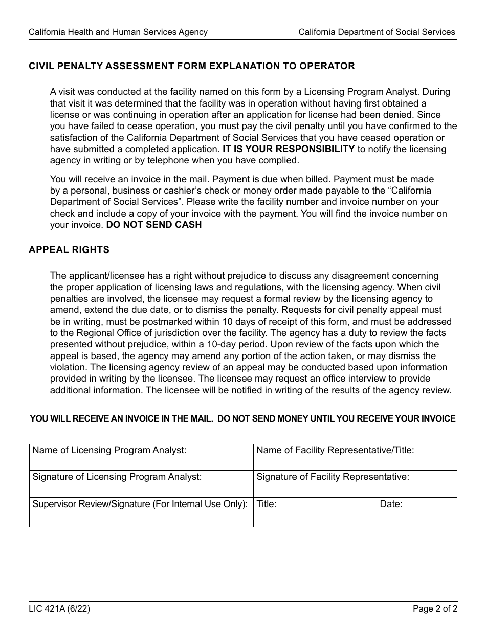 Form LIC421A Civil Penalty Assessment (Unlicensed Facility) - California, Page 2