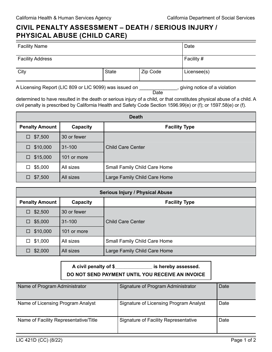 Form LIC421D (CC) Civil Penalty Assessment - Death / Serious Injury / Physical Abuse (Child Care) - California, Page 1