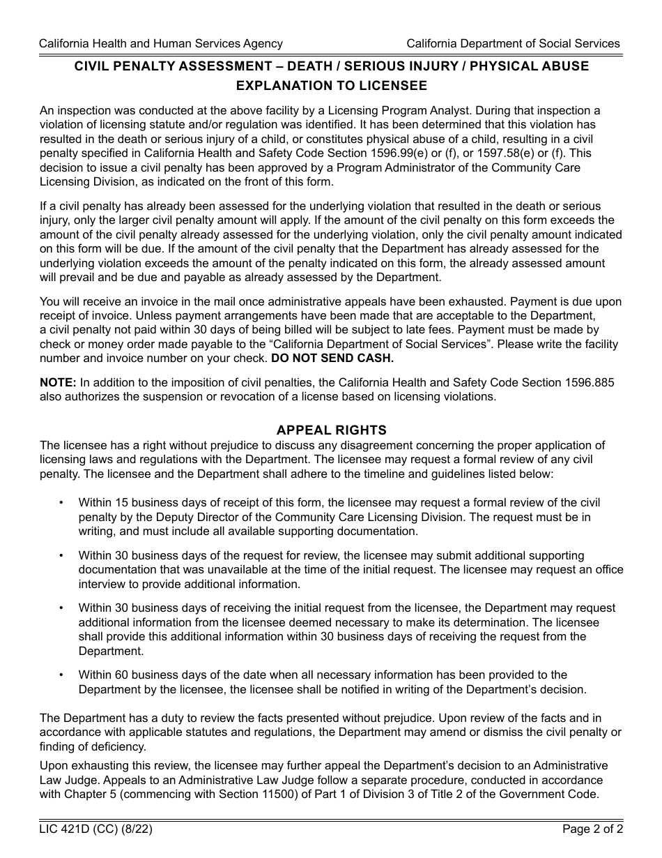 Form LIC421D (CC) Civil Penalty Assessment - Death / Serious Injury / Physical Abuse (Child Care) - California, Page 2