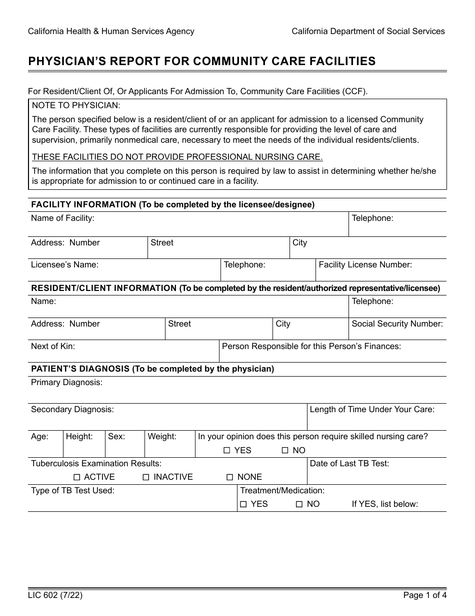 Form LIC602 Physicians Report for Community Care Facilities - California, Page 1