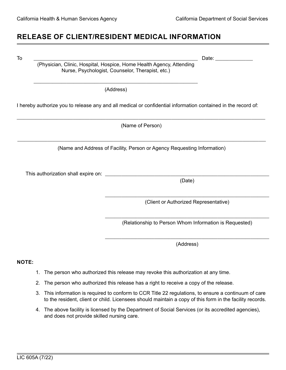 Form LIC605A Release of Client / Resident Medical Information - California, Page 1