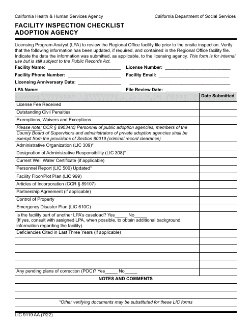 Form LIC9119 AA Facility Inspection Checklist - Adoption Agency - California