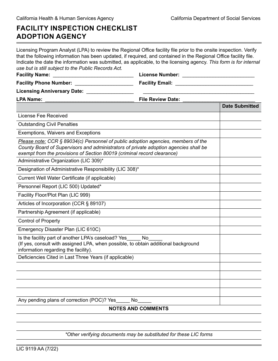 Form LIC9119 AA Facility Inspection Checklist - Adoption Agency - California, Page 1