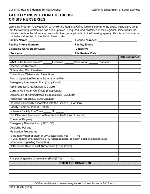 Form LIC9119 CN Facility Inspection Checklist - Crisis Nurseries - California