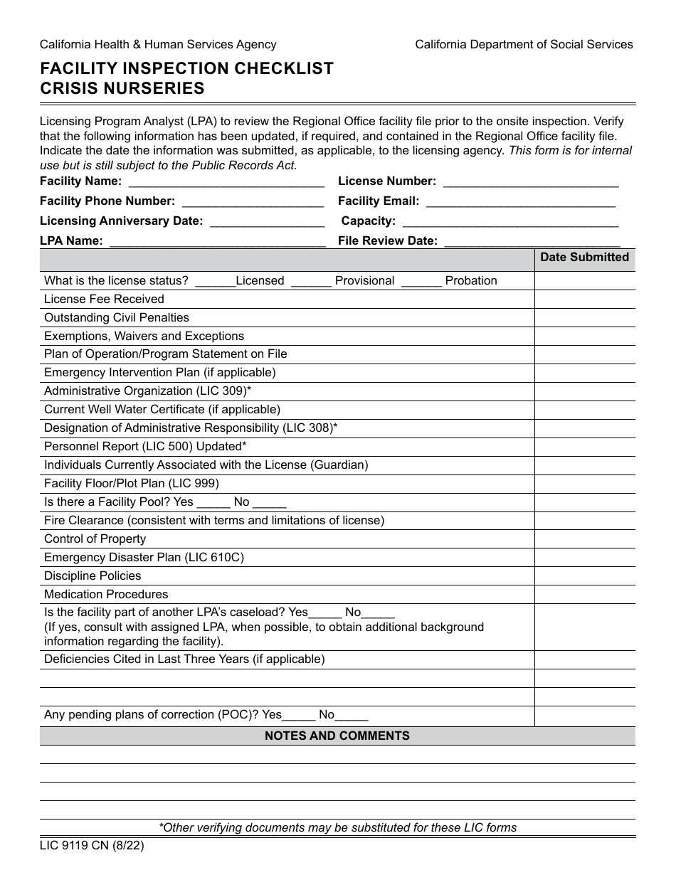 Form LIC9119 CN Facility Inspection Checklist - Crisis Nurseries - California, Page 1