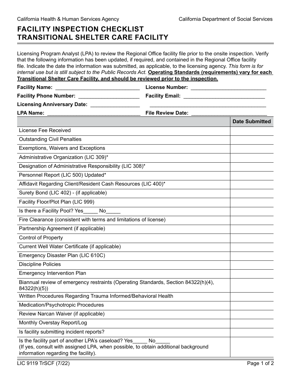 Form LIC9119 TRSCF Facility Inspection Checklist - Transitional Shelter Care Facility - California, Page 1