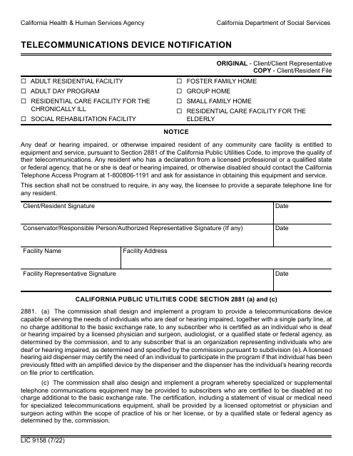 Form LIC9158 Telecommunications Device Notification - California