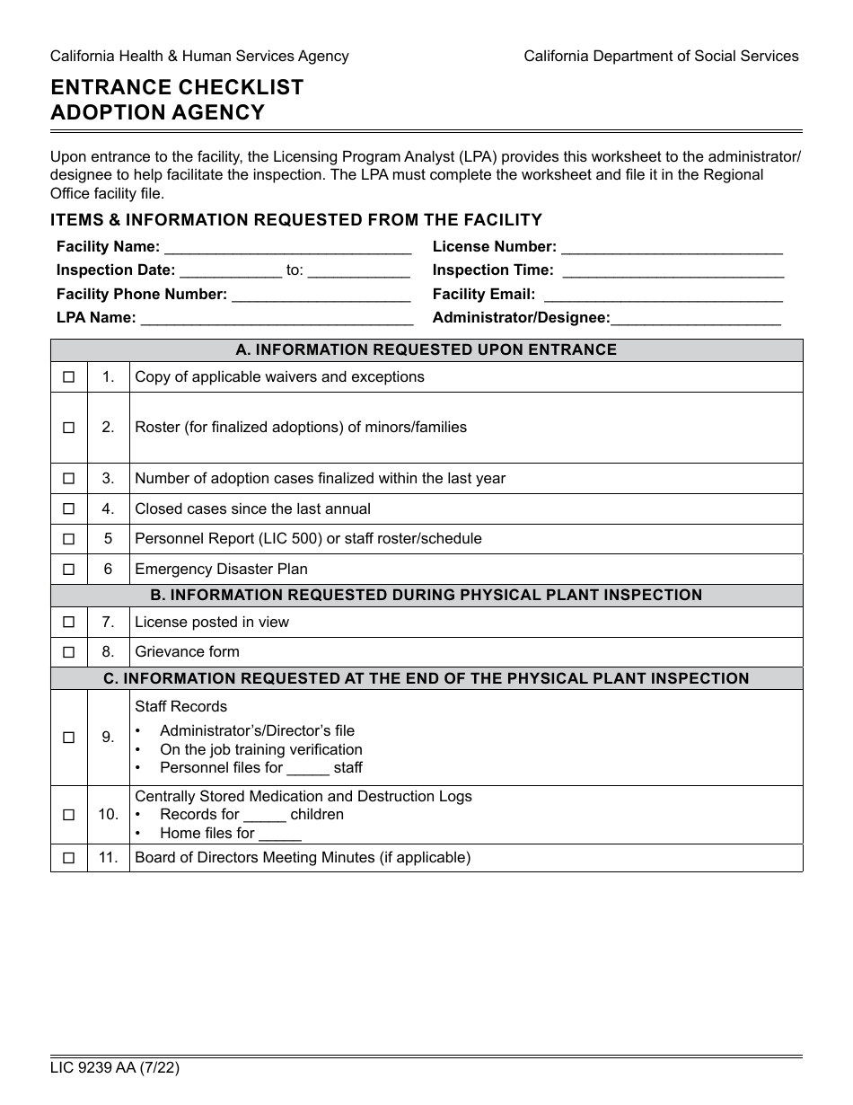 Form LIC9239 AA Entrance Checklist Adoption Agency - California, Page 1