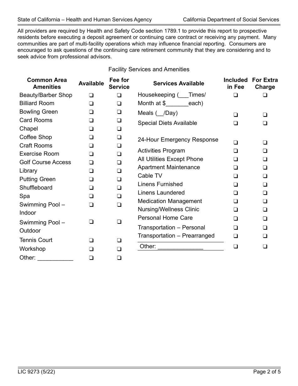 Form LIC9273 Continuing Care Retirement Community Disclosure Statement - California, Page 2