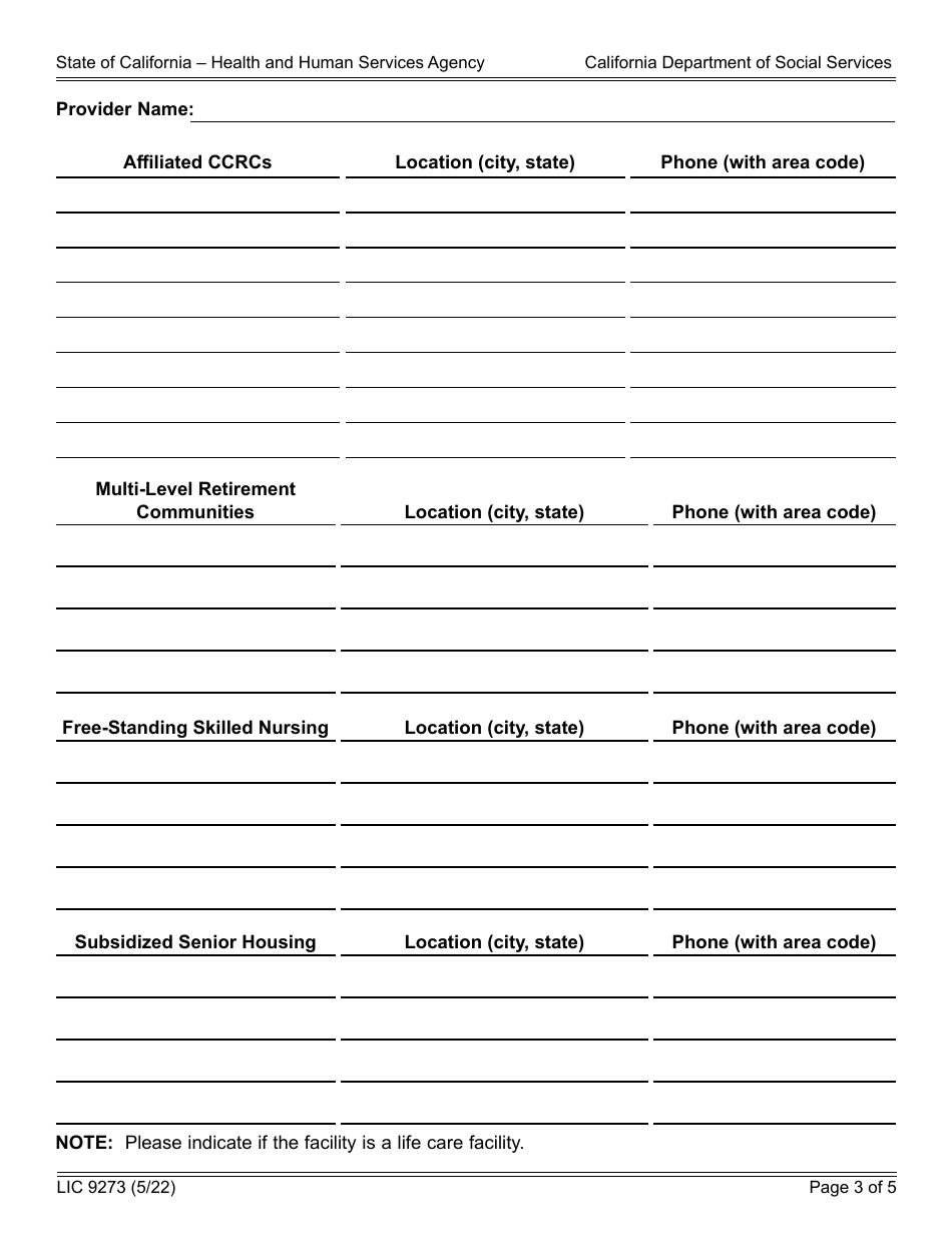 Form LIC9273 Continuing Care Retirement Community Disclosure Statement - California, Page 3