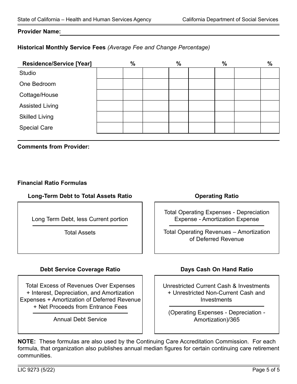 Form LIC9273 Continuing Care Retirement Community Disclosure Statement - California, Page 5