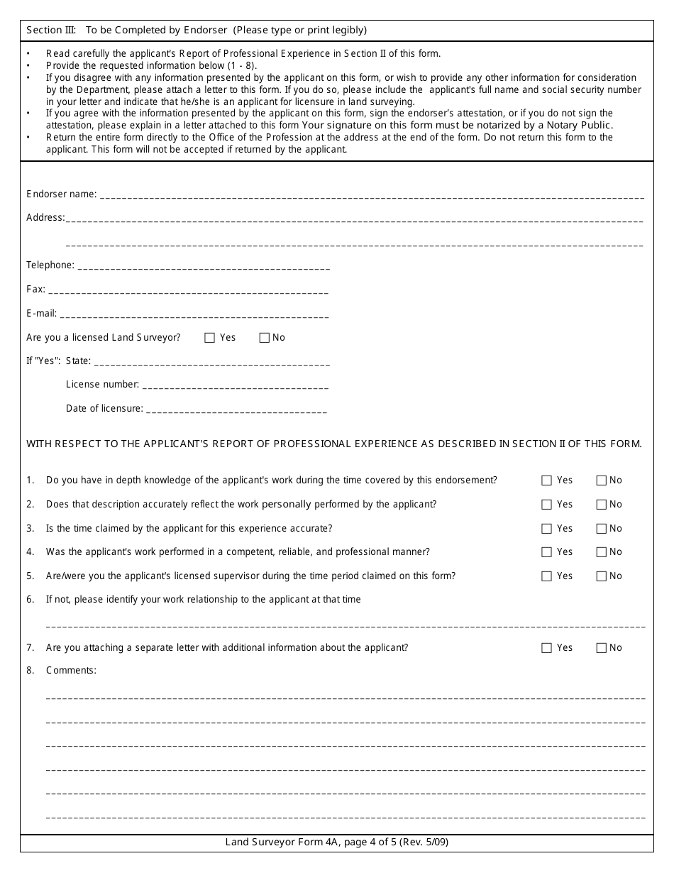 Land Surveyor Form 4A Verification of Professional Experience - New York, Page 4