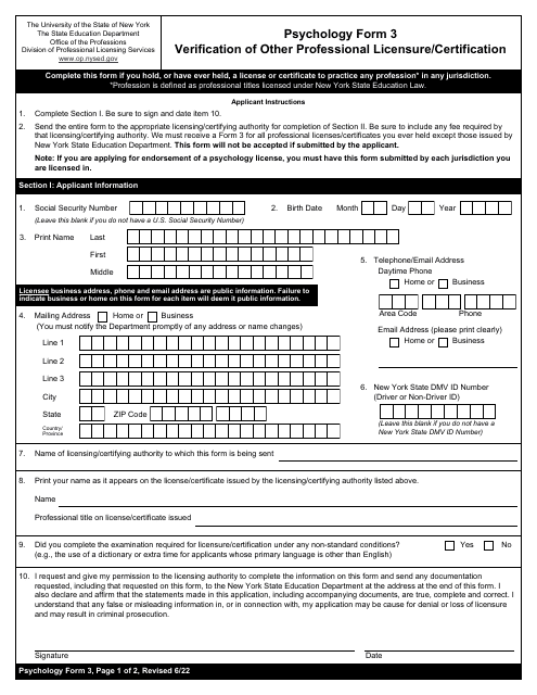 Psychology Form 3 Verification of Other Professional Licensure/Certification - New York