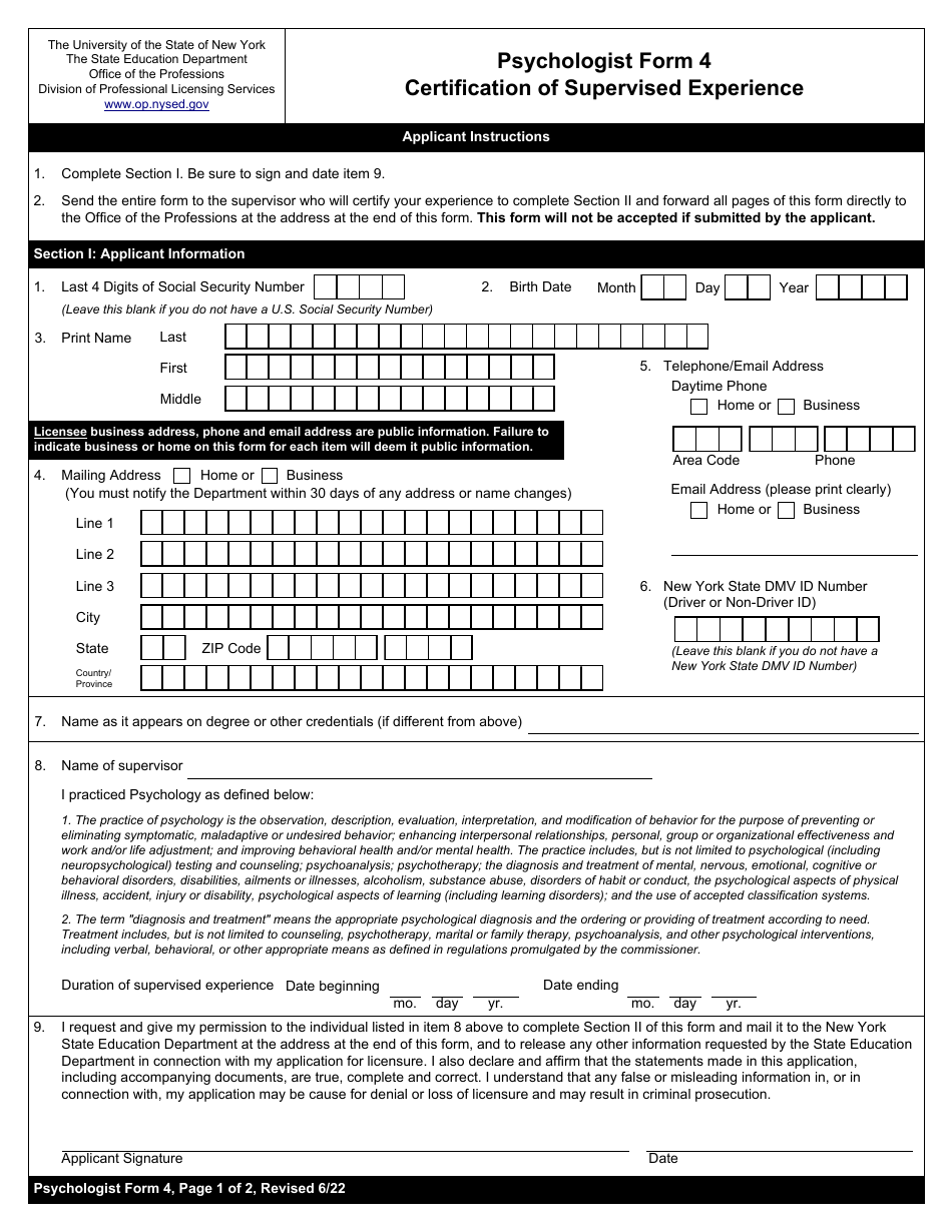 Psychologist Form 4 Certification of Supervised Experience - New York, Page 1