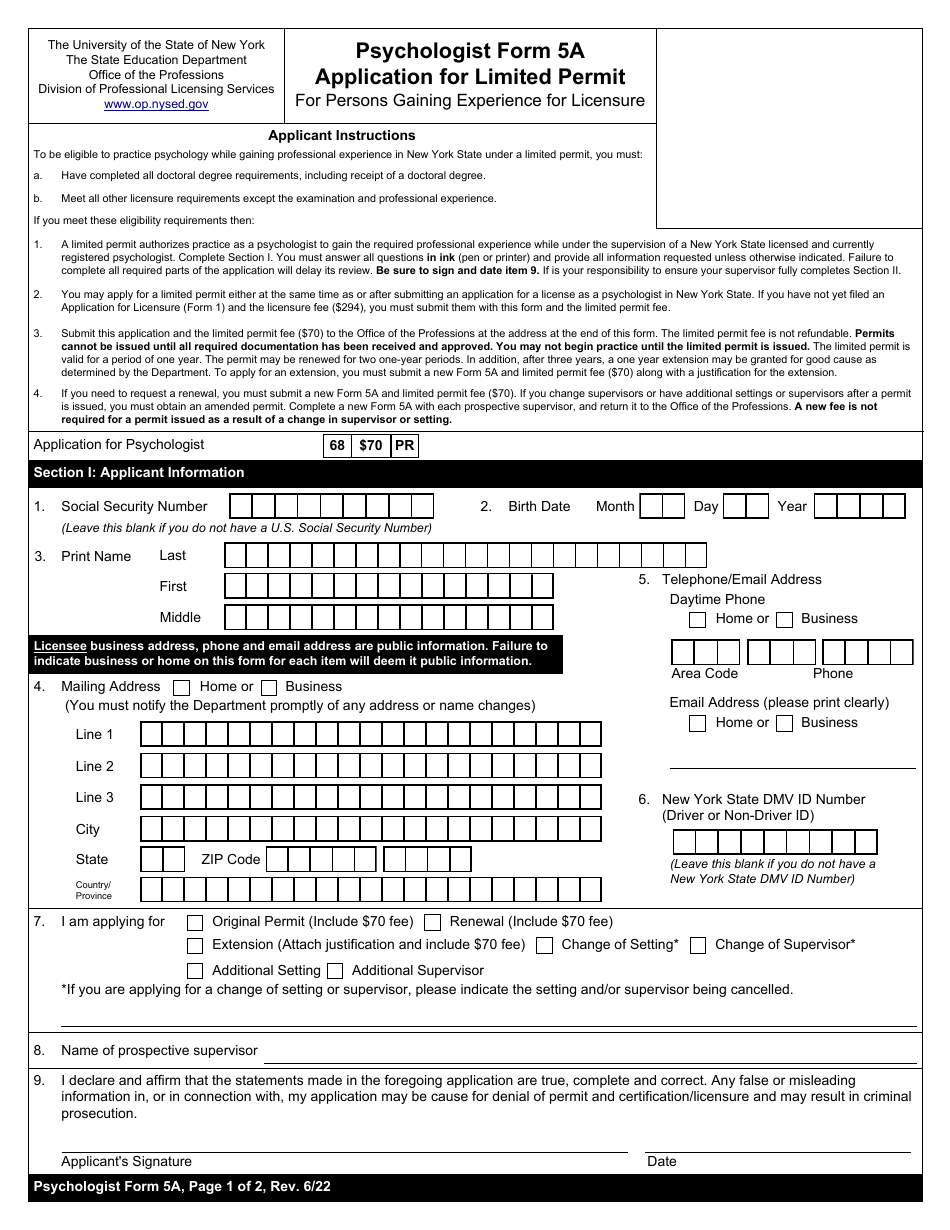 Psychologist Form 5A Download Fillable PDF or Fill Online Application ...