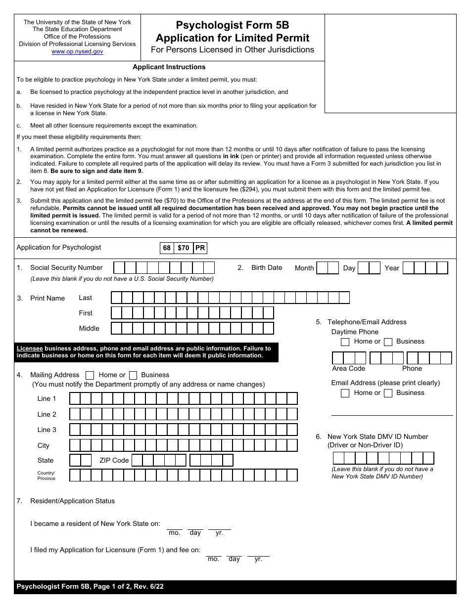 Psychologist Form 5B Application for Limited Permit for Persons Licensed in Other Jurisdictions - New York, Page 1