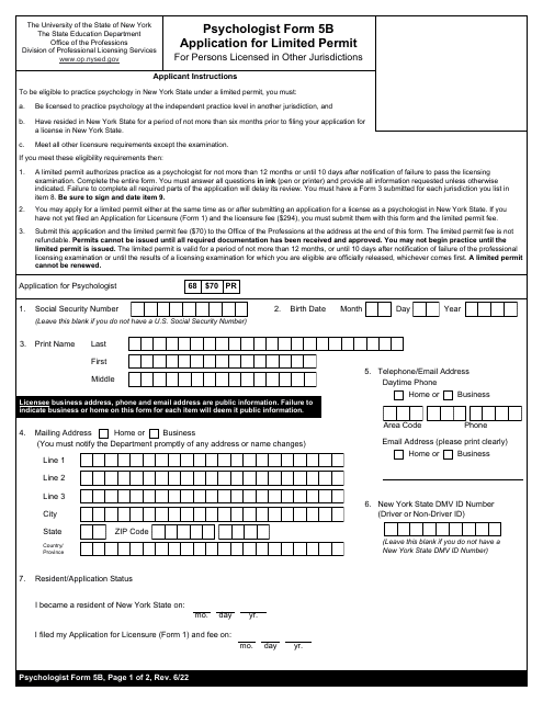 Psychologist Form 5B Application for Limited Permit for Persons Licensed in Other Jurisdictions - New York