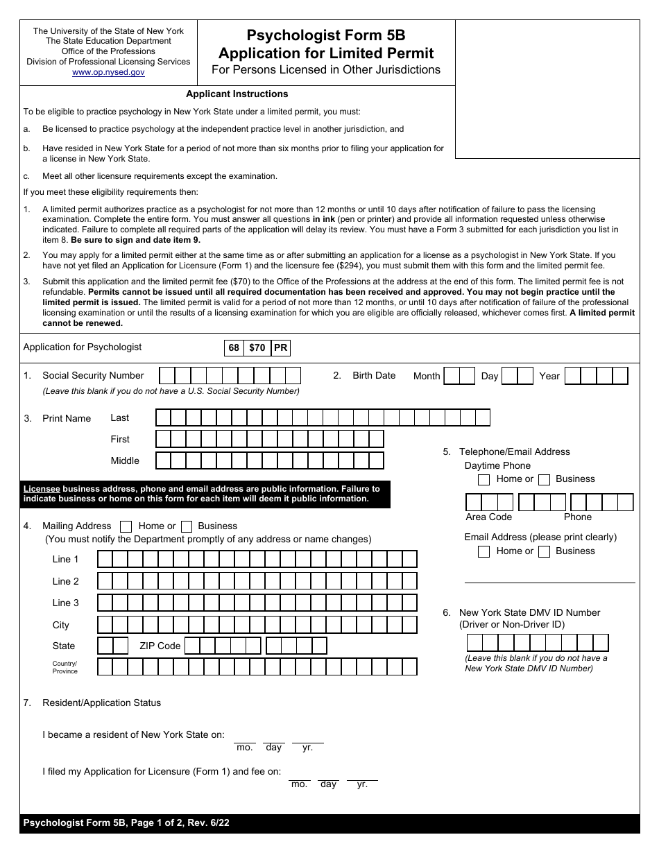 Psychologist Form 5B Download Fillable PDF or Fill Online Application ...