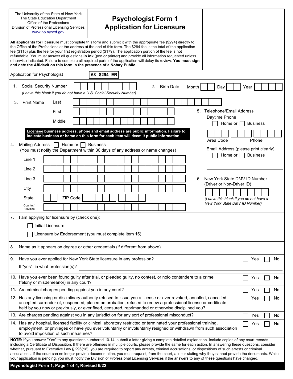 Psychologist Form 1 Application for Licensure - New York, Page 1