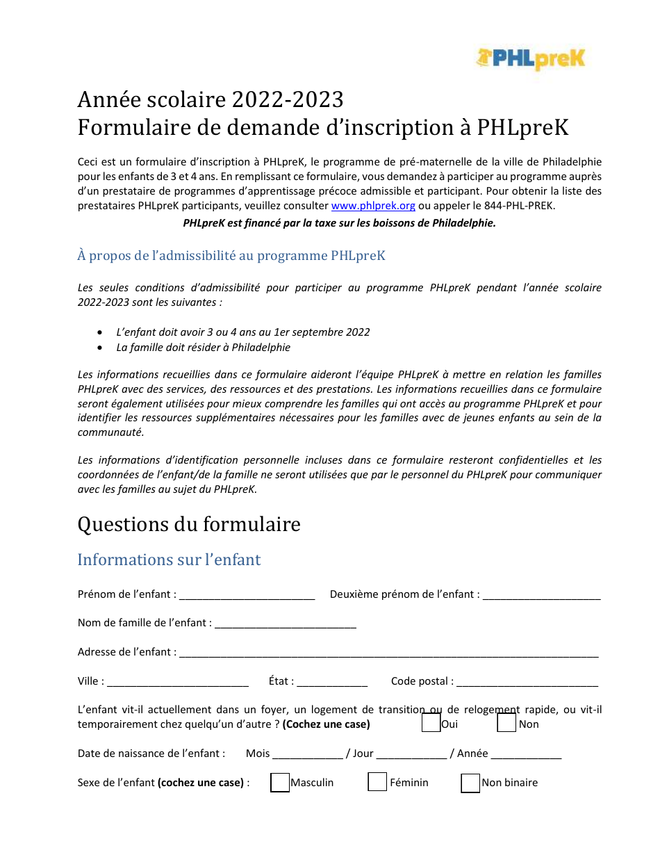 Phlprek Application - City of Philadelphia, Pennsylvania (French), Page 1